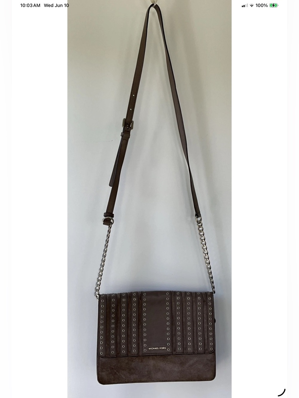 Michael Kors Chocolate Brown Studded Leather & Suede Crossbody